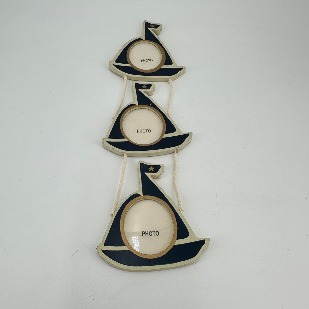 Nautical Wooden Sailboat Hanging 3-Tier Photo Frame Navy Blue Coastal Wall Decor